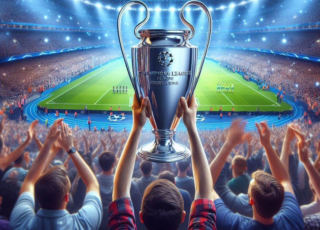 Fußballfans auf der Tribüne in einem Stadion mit dem Champions League Pokal (Darstellung)