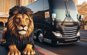 Ein schwarzer Bus und ein Löwe auf einer Straße vor einem Gebäude (Darstellung)