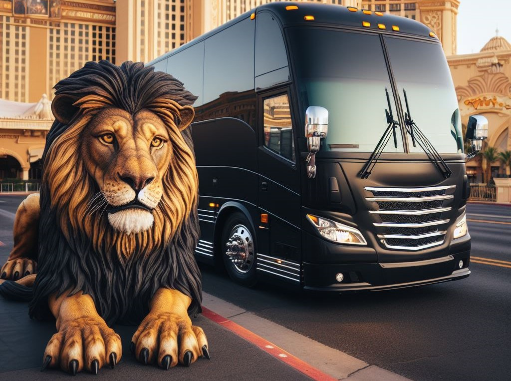 Ein schwarzer Bus und ein Löwe auf einer Straße vor einem Gebäude (Darstellung)