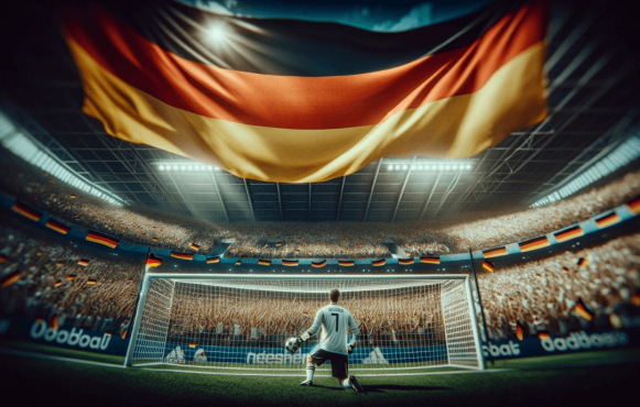 Abbildung eines Torhüters vor deutschen Fußballfans im Stadion.