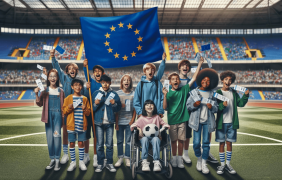 Darstellung von Kindern und Jugendlichen mit Eintrittskarten in den Händen in einem Fußballstadion