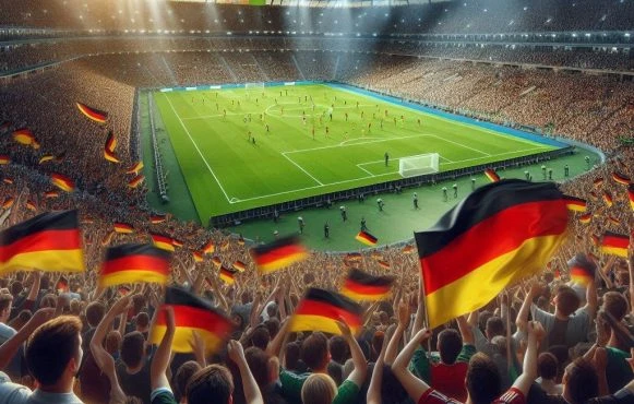 Darstellung von Fußballfans mit Deutschlandfahnen in einem Fußballstadion