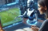 Darstellung einer Frau, die Sportwetten an ihrem Laptop abgibt und dabei von einem KI-Roboter unterstützt wird.