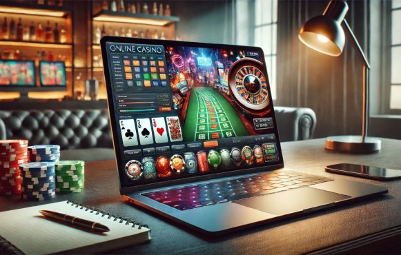 Ein Bild eines Online-Casino, angezeigt auf einem eleganten Laptop-Bildschirm.