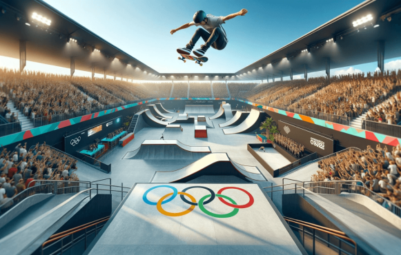 Darstellung eines Skateboarders auf einem Skateboard-Parkour in einem Stadion