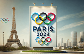 Grafische Darstellung der Olympischen Spiele 2024 mit dem Eiffelturm im Hintergrund.