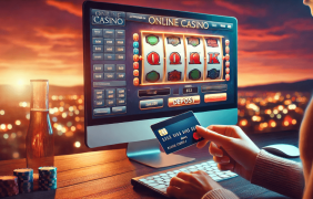 Darstellung einer Frau mit einer Kreditkarte in der Hand, die an einem Laptop in einem Online Casino spielt.
