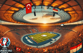 Animation eines vollen Fußballstadions samt den Flaggen der Türkei und der Niederlande.