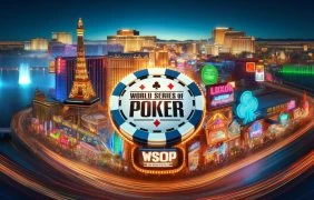 Darstellung des WSOP-Logos vor einem Las Vegas Hintergrund