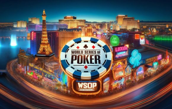 Darstellung des WSOP-Logos vor einem Las Vegas Hintergrund