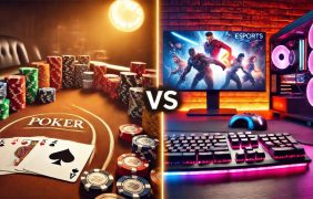 Ein direkter Vergleich zwischen Poker, symbolisiert durch Pokerchips und Spielkarten auf dem Tisch, und eSports, dargestellt durch eine Halle voll mit eSports-Spielern die Call of Duty spielen, wobei die Begriffe 