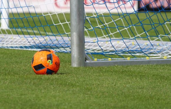 Aufnahme eines Fußballs vor einem Tor.