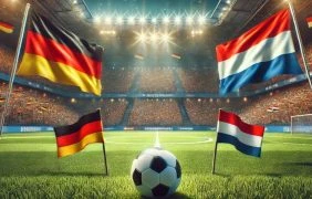 Darstellung von Fahnen von Deutschland und den Niederlanden und einem Fußball in einem Stadion