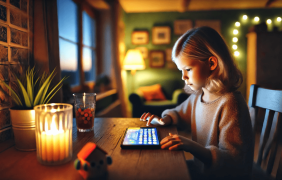 Mädchen spielt an einem Tisch in einer Wohnung mit einem Tablet.