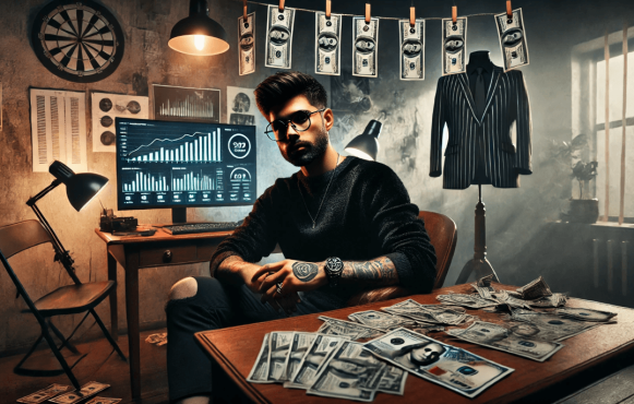 Darstellung eines Mannes mit Geld auf dem Tisch.