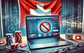 Schweiz-Flagge und Laptop mit Glücksspielsymbolen (Darstellung)