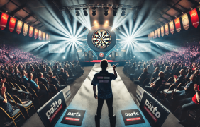 Ein Dartsspieler in einer vollen Halle auf dem Weg zur Bühne.