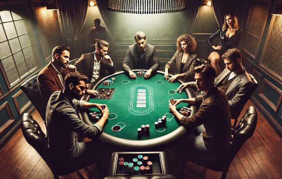 Spieler gucken gebannt und ernst auf den Pokertisch. Einige haben Pokerchips in der Hand.