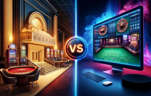 Symbolhafte Darstellung der Konkurrenzsituation zwischen Online-Glücksspiel und stationären Casinos