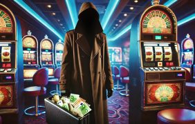 Symbolhafte Darstellung der Unterschlagung durch Geld durch eine Spielsüchtige