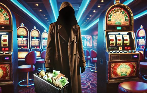 Symbolhafte Darstellung der Unterschlagung durch Geld durch eine Spielsüchtige