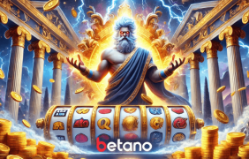 Die Walzen eines Slots im Vordergrund, im Hintergrund ein Gott im Olymp - erstellt mit AI durch OnlineCasinosDeutschland Prompt.