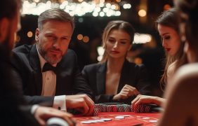 Mehrere Personen sitzen konzentriert an einem Pokertisch voll mit Pokerchips und Karten.