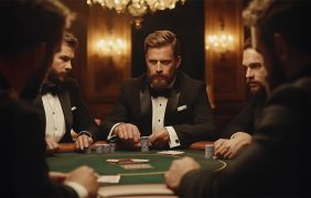 Herren mittleren Alters sitzen im Smoking um einen Pokertisch und spielen eine Partie Poker.