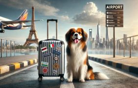 Ein realistisches Reise-Bild mit einem freundlichen Hund, der neben einem Koffer an einem internationalen Flughafen oder einem malerischen Urlaubsziel sitzt.