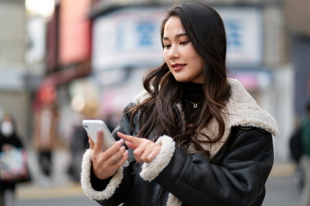 Japanerin nutzt ein Smartphone.