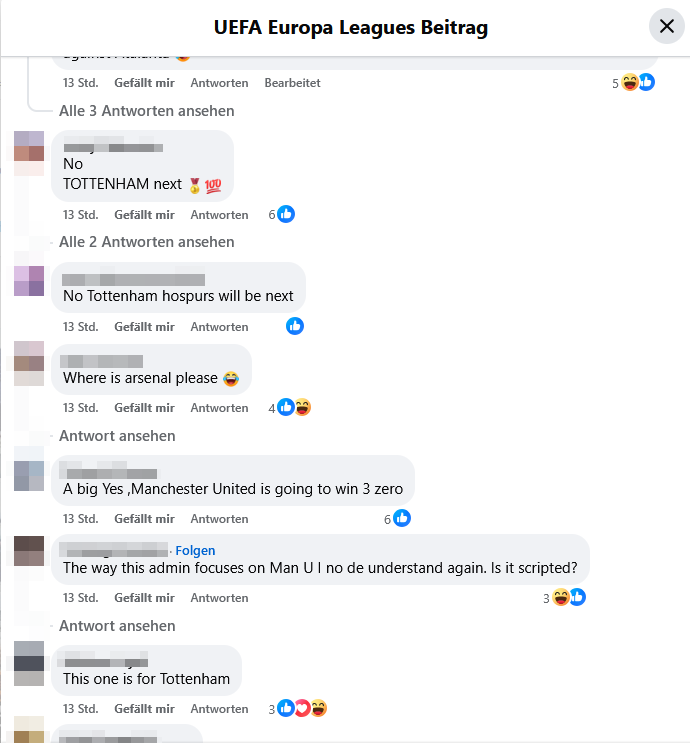 Screenshot von Facebook mit einer Diskussion über den Sieger des Europa League Finales 2025.