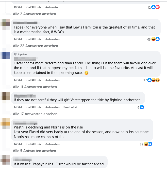 Aufnahme einer Diskussion auf Facebook zum Dreikampf in der Formel 1.
