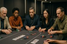 Männer und Frauen am Pokertisch bei einem Live-Pokerturnier.
