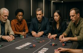 Männer und Frauen am Pokertisch bei einem Live-Pokerturnier.