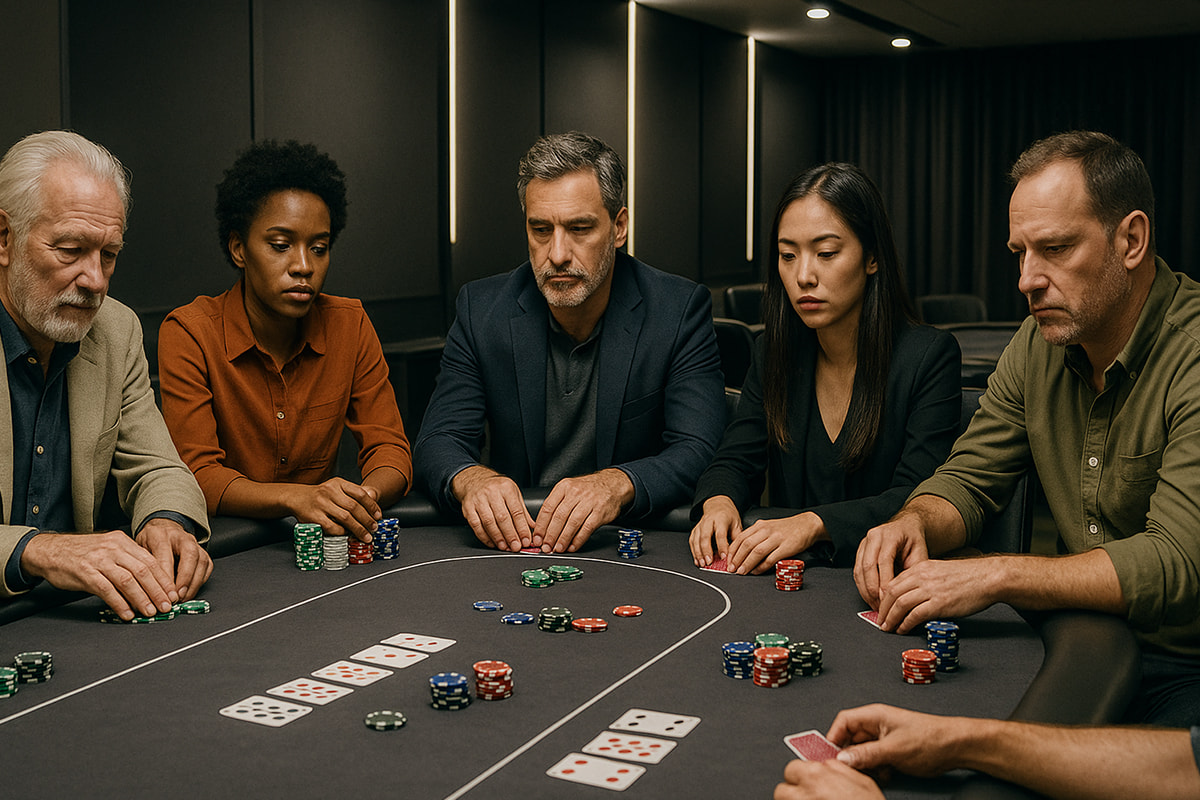 Männer und Frauen am Pokertisch bei einem Live-Pokerturnier.