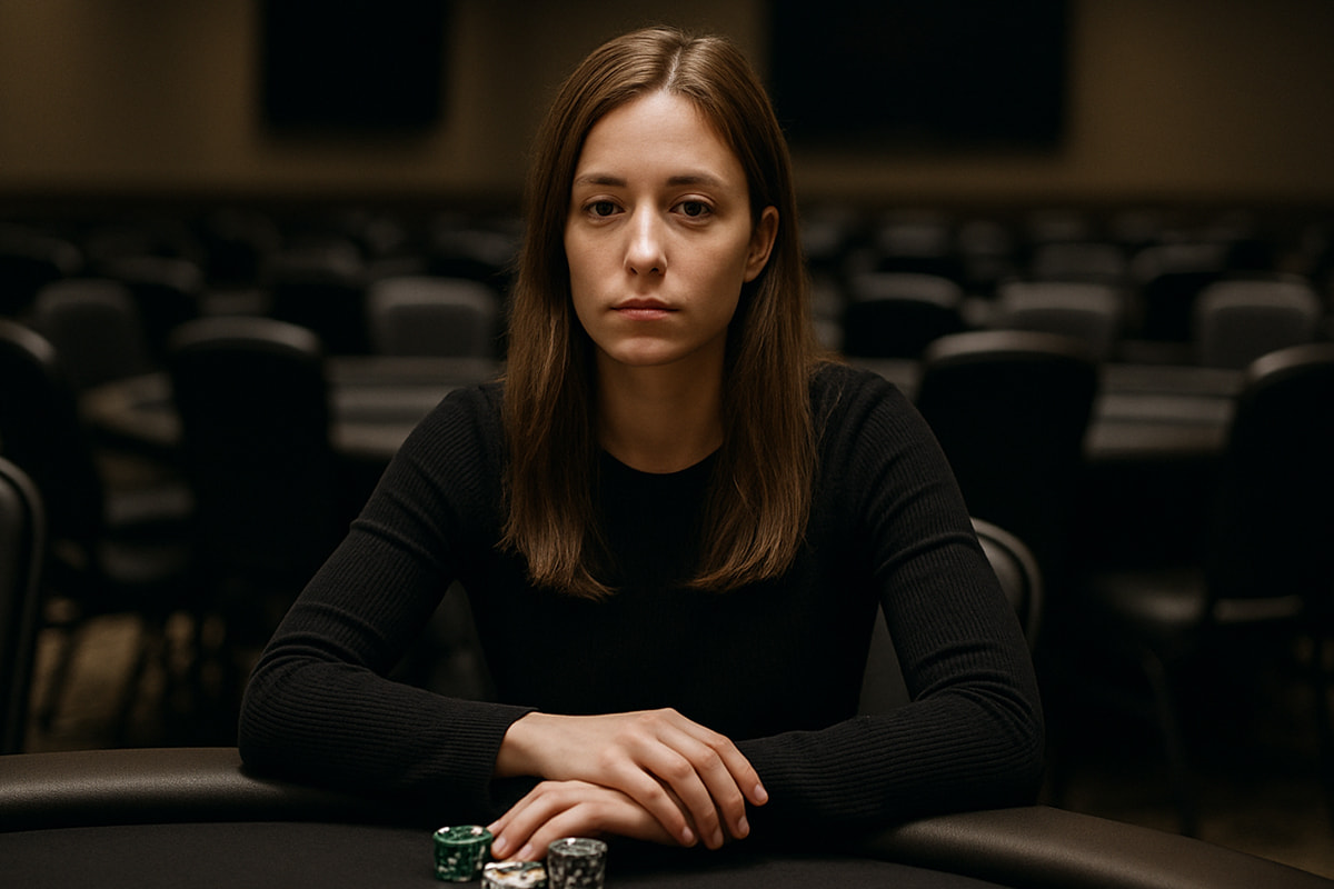 Frau allein an einem Pokertisch mit freien Stühlen.
