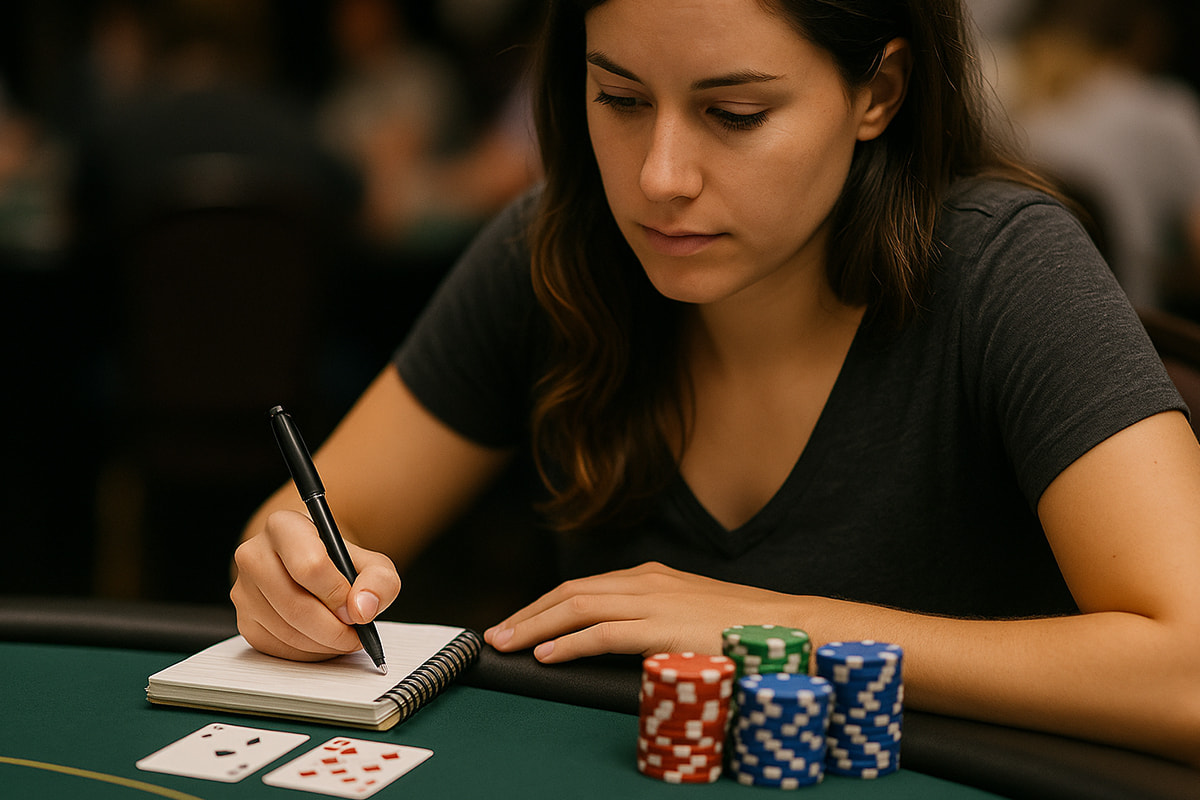 Frau beim Pokerspiel mit konzentriertem Blick und Notizen.