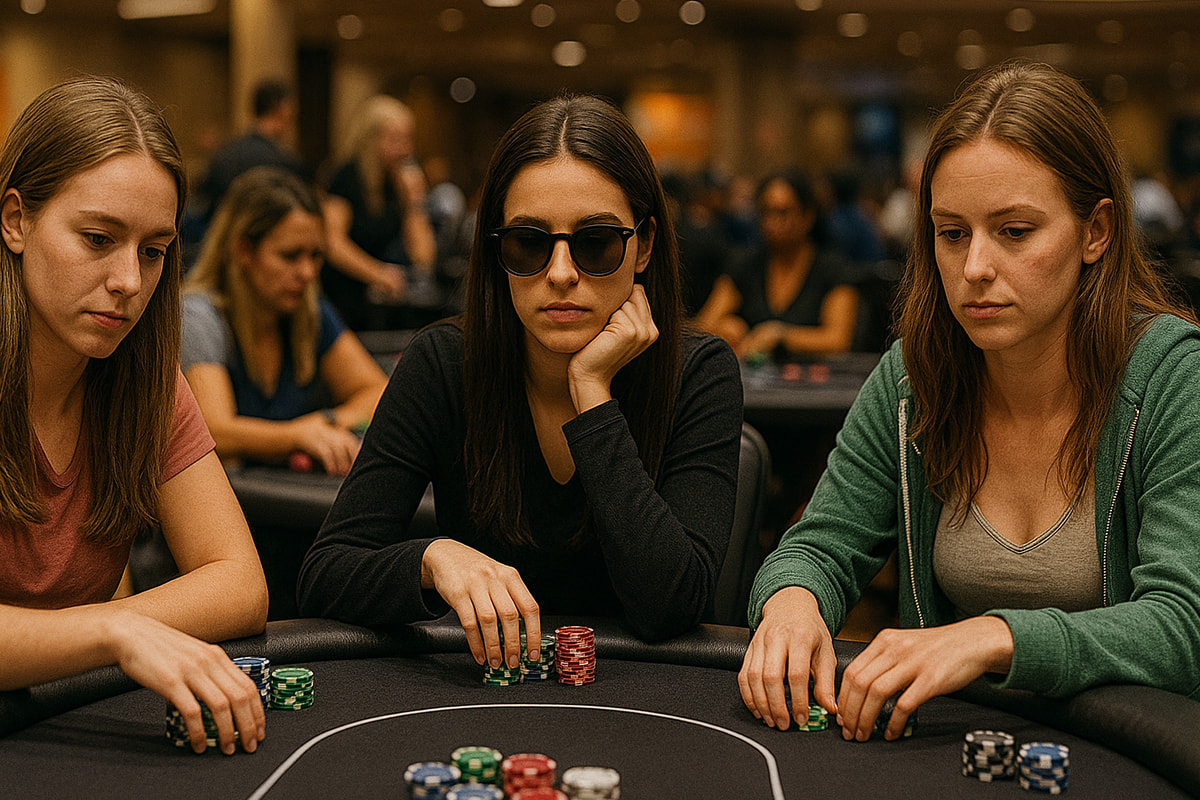 Teilnehmerinnen eines Frauenturniers spielen gemeinsam konzentriert am Pokertisch.