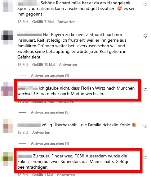 Aufnahme einer Diskussion auf Instagram zu einem Wechsel von Florian Wirtz zum FC Bayern München.
