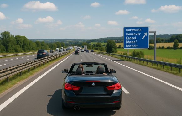 Ein schwarzes Cabrio mit zwei Personen fährt an einem sonnigen Tag auf der deutschen Autobahn.
