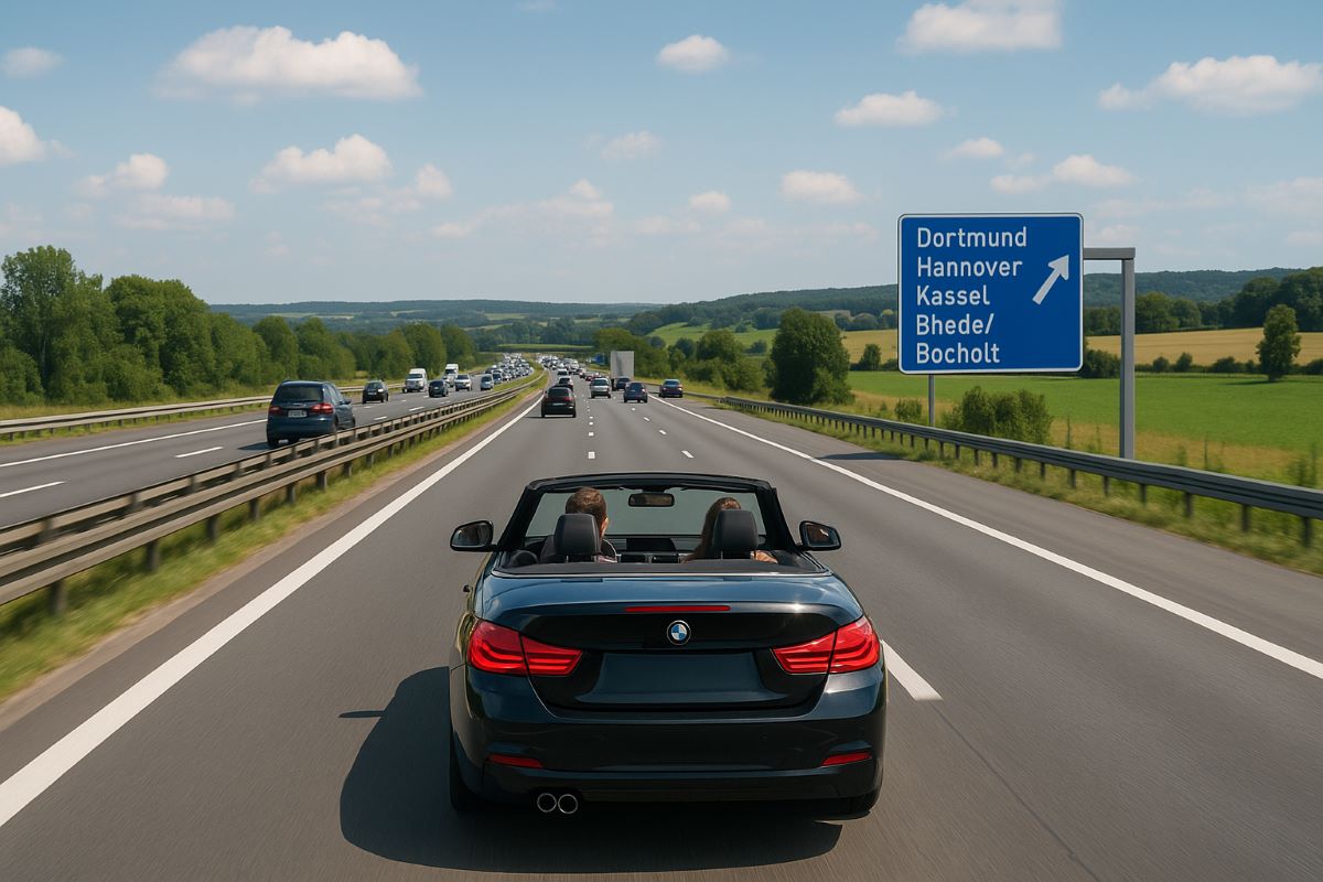 Ein schwarzes Cabrio mit zwei Personen fährt an einem sonnigen Tag auf der deutschen Autobahn.
