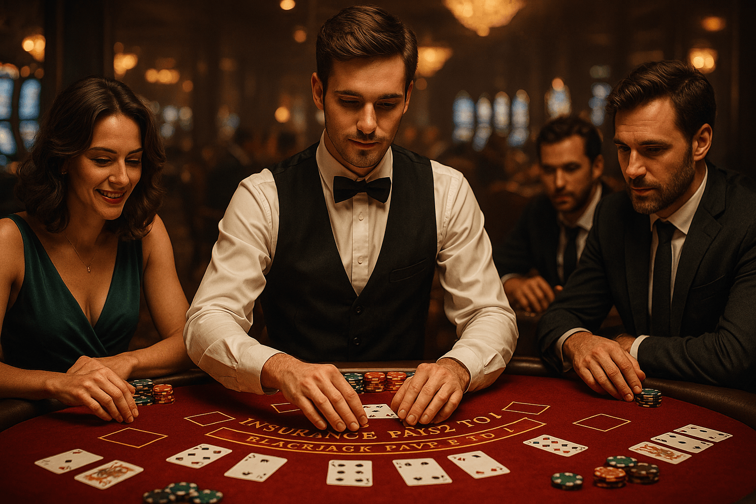 Ein Casino Croupier am Blackjack Tisch mit 3 Spielern.