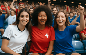 Drei Frauen in Fußball-Trikots, die sich in einem Fußballstadion in den Armen liegen.