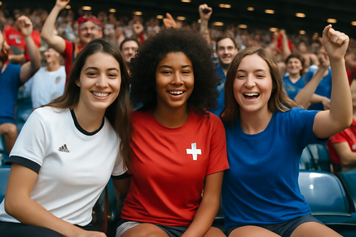 Drei Frauen in Fußball-Trikots, die sich in einem Fußballstadion in den Armen liegen.