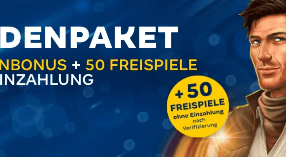 Der Charakter von Book of Dead, daneben ein Feld mit der Info., dass es 50 Freispiele für die Verifizierung gibt