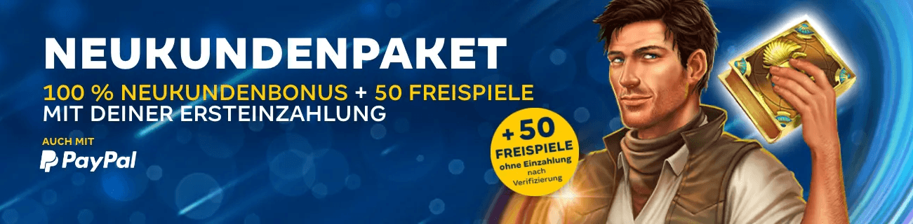 Der Charakter von Book of Dead, daneben ein Feld mit der Info., dass es 50 Freispiele für die Verifizierung gibt
