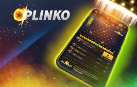 Das Wort 'Plinko' neben einem Smartphone, das aus einem Ufo gebeamt wird.
