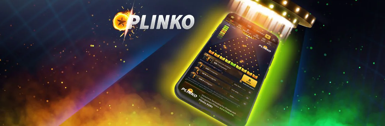 Das Wort 'Plinko' neben einem Smartphone, das aus einem Ufo gebeamt wird.