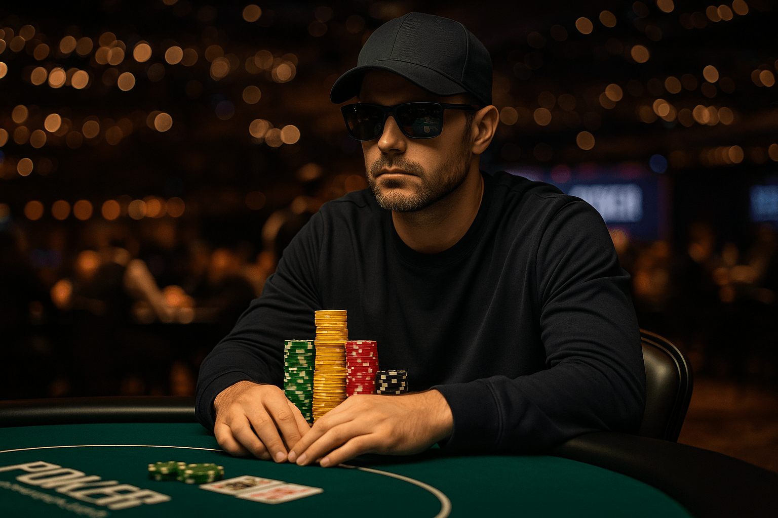 Image eines Pokerspielers am Pokertisch mit vielen Chips vor sich