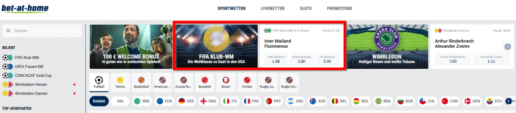 Aufnahme der Startseite des Sportwettenanbieters bet-at-home mit einem Banner für die FIFA Klub-WM.